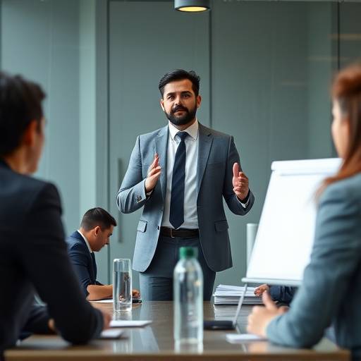 Persona liderando una reunión con confianza