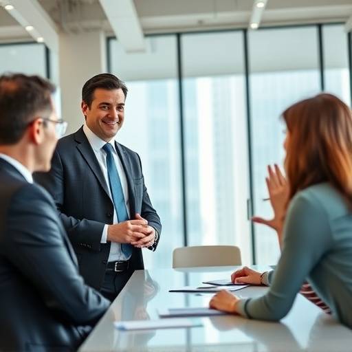 Una persona liderando una reunión de negocios con seguridad y autoridad